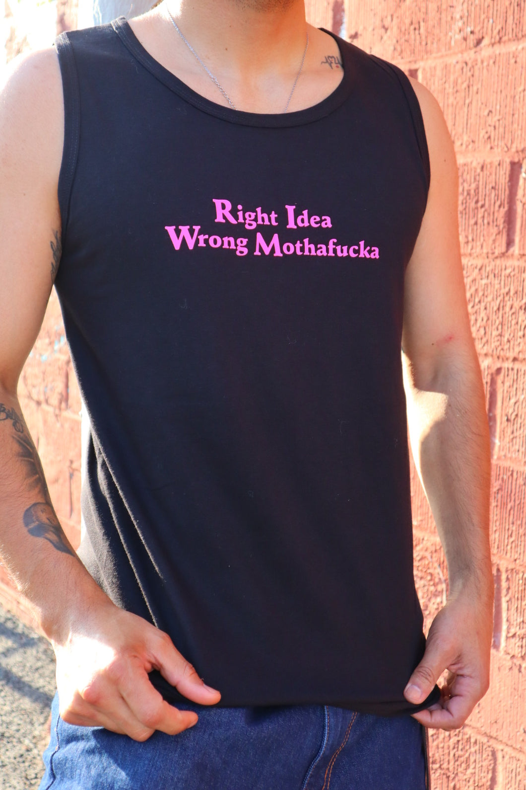 Black Tank Top Neon Pink Right Idea Wrong Mothafucka logo