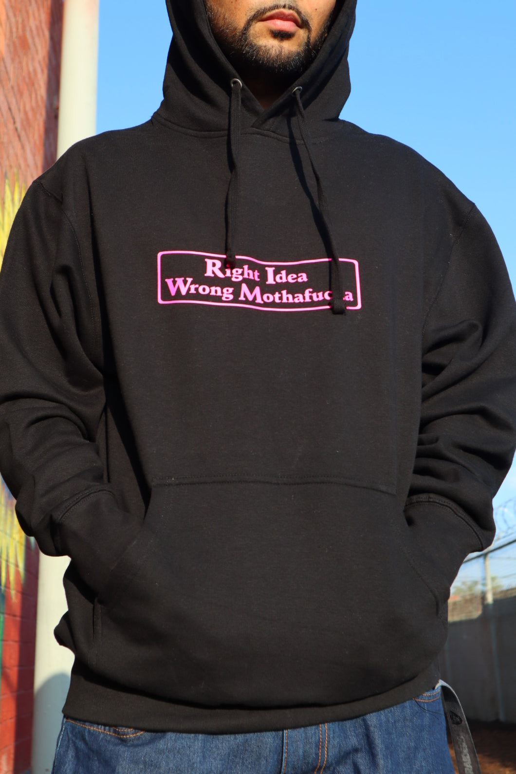 Black Hoodie Neon Pink Right Idea Wrong Mothafucka border logo